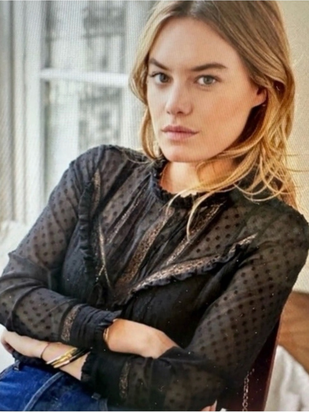Sezane Black Sheer Swiss Dot Lace Blouse - Women Tops